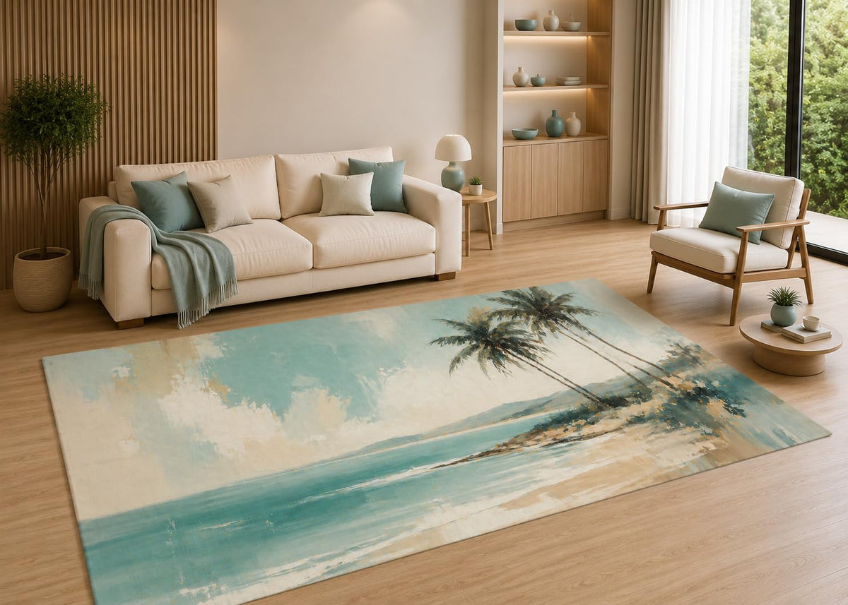 ICE ARMOR 5' x 7' Tropical Beach Palm Tree Area Rug with Non-Slip Silicone Backing Low Pile Soft Carpet for Living Room Bedroom Coastal Ocean Decor