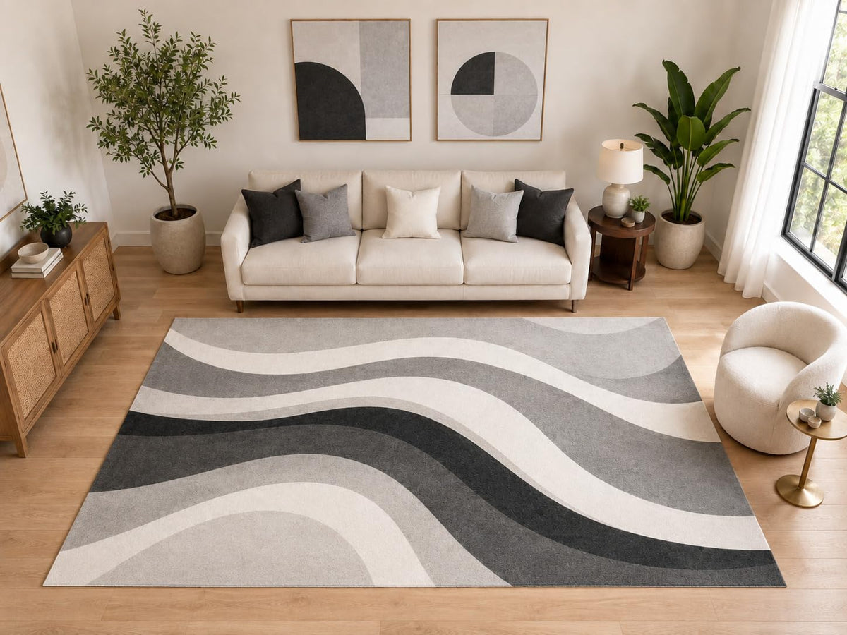 ICE ARMOR "Ultra Light Weight Large 6'7" x 9'10" Modern Wavy Line Area Rug, Soft Low Pile Indoor Rug and Non-Slip Silicone Backing for Living Room Family Room, Gray