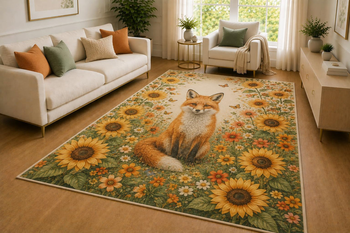 ICE ARMOR 5' x 7' Fox Sunflower Garden Area Rug for Living Room, Soft Low Pile Indoor Rug with Non-Slip Silicone Backing, Woodland Carpet for Bedroom, Family Room, Kids & Pets, Yellow Green Orange