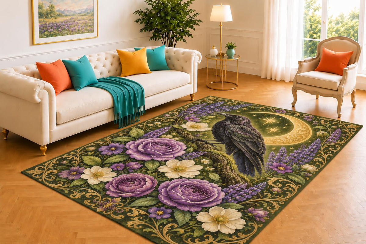 ICE ARMOR 5' x 7' Celestial Raven Floral Rug, Olive Green Botanical Design with Moon, Stars and Lavender Blooms, Mystical Floor Accent for Study, Bedroom or Lounge