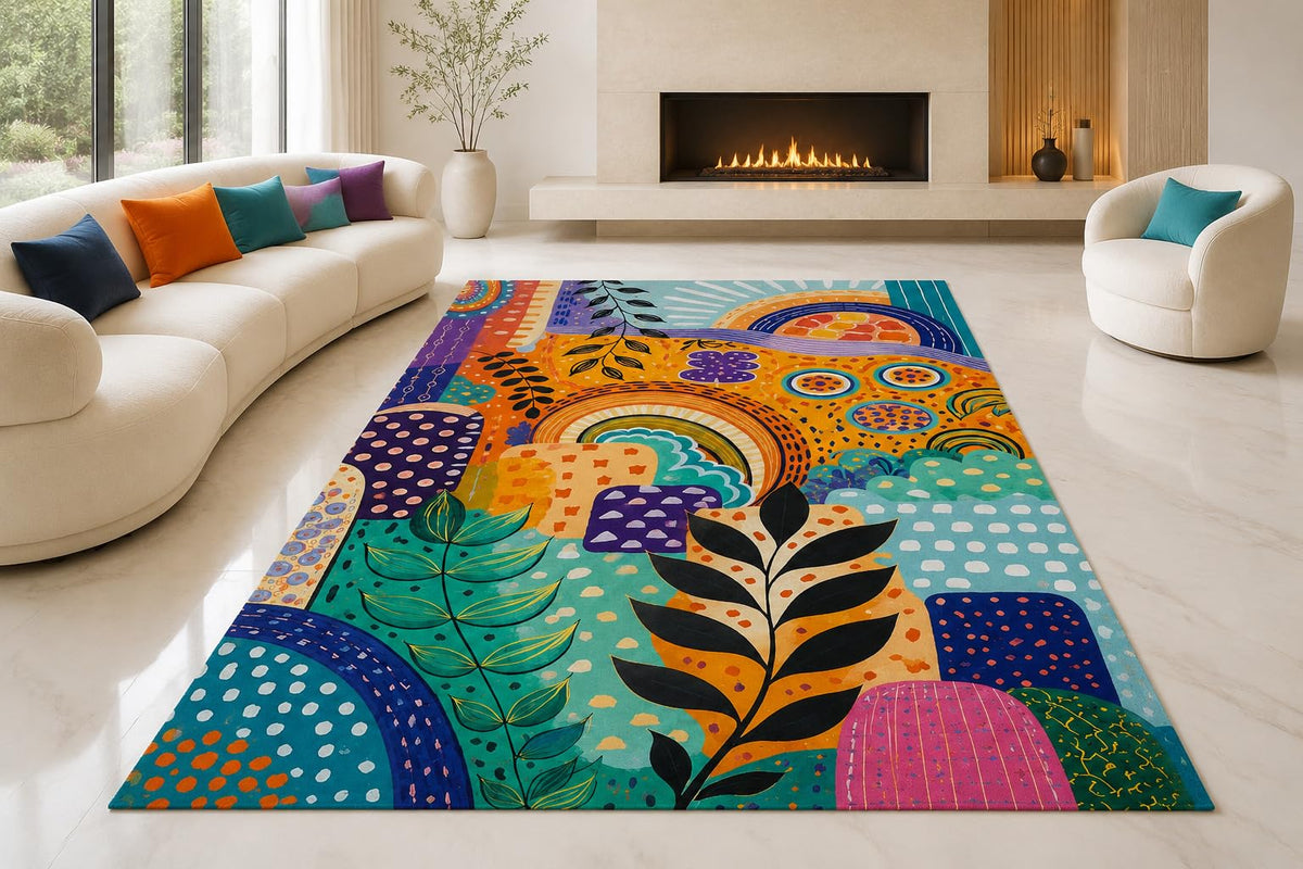 ICE ARMOR "Ultra Lightweight Large 6'7" x 9'10" Folk Botanical Art Area Rug for Living Room, Bedroom and Home Office, Soft Low Pile Carpet with Non-Slip Silicone Backing, Teal and Orange