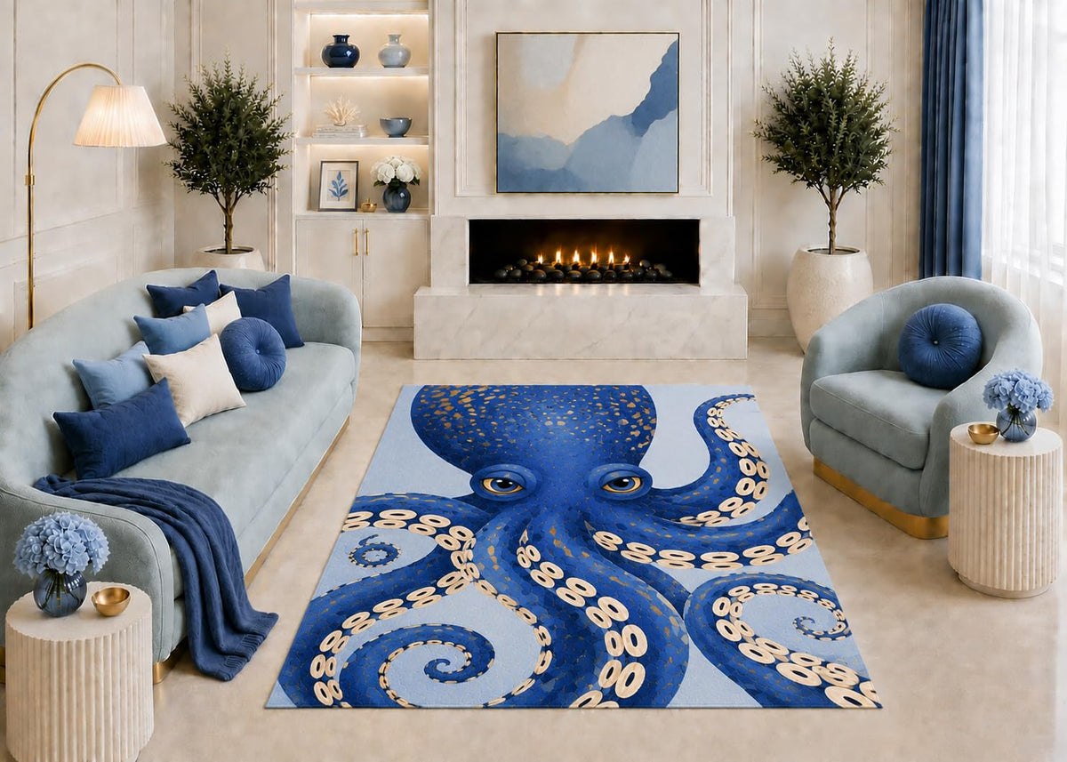 ICE ARMOR "Ultra Light Weight 5' x 7' Blue Octopus Portrait Area Rug, Whimsical Coastal Ocean Sea Life Art for Living Room Bedroom Beach House Decor, Non-Slip Silicone Backing Low Pile