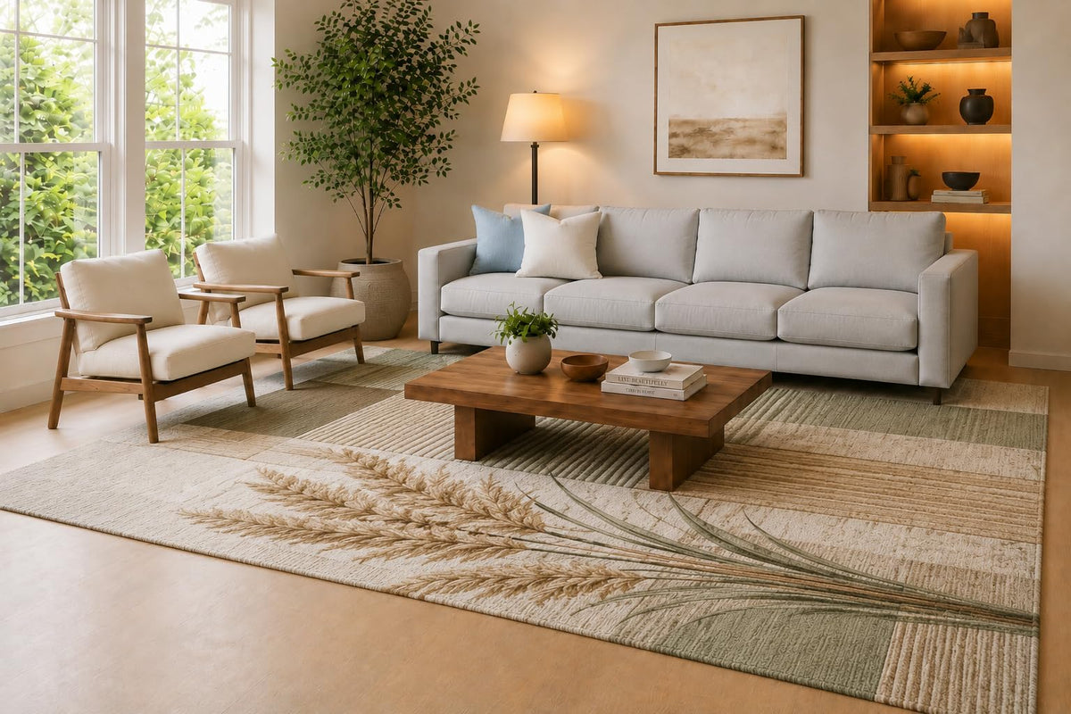 ICE ARMOR Large 6'7" x 9'10" Olive Green, Cream and Beige Wheat Shapes Area Rug for Living Room, Soft Low Pile Carpet with Non-Slip Silicone Backing, Decor for Bedroom, Dining Area and Home Office
