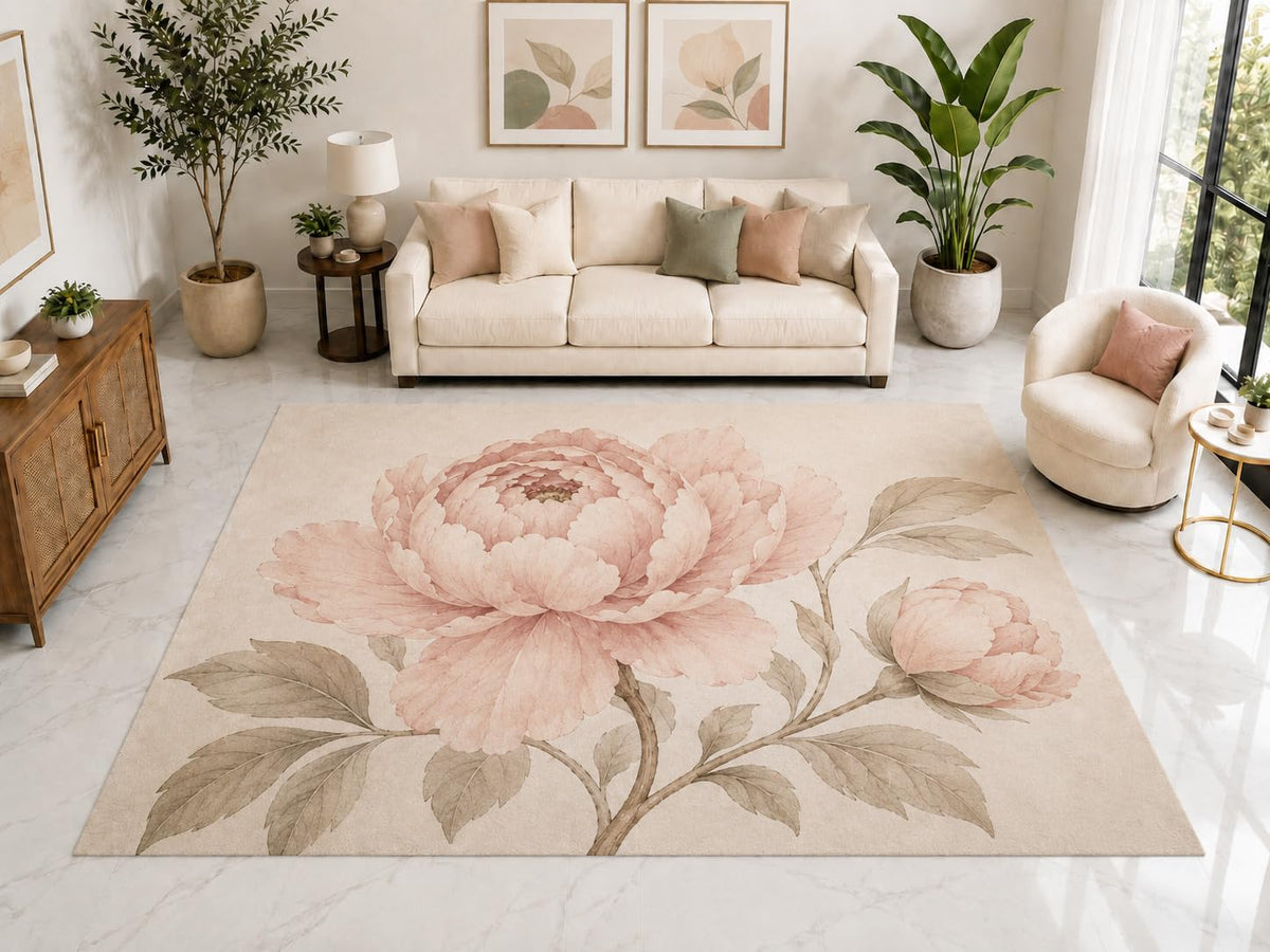 ICE ARMOR "Ultra Light Weight Large 6'7" x 9'10" Blush Peony Branch Rug, Soft Low Pile Indoor Rug, Non-Slip Silicone Backing for Bedroom Pink Cream
