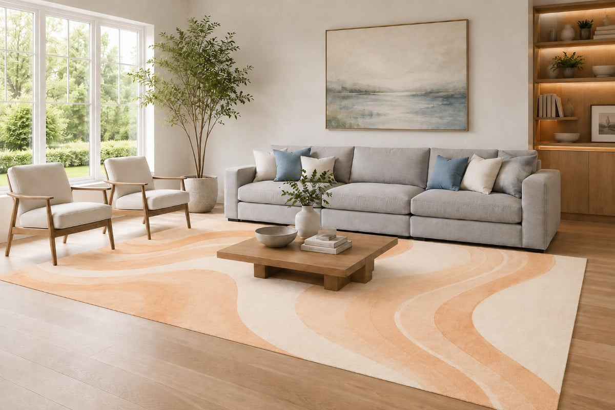 ICE ARMOR Large 6'7" x 9'10" Peach and Cream Modern Abstract Waves Area Rug for Living Room, Soft Low Pile Carpet with Non-Slip Silicone Backing, Decor for Bedroom and Home Office