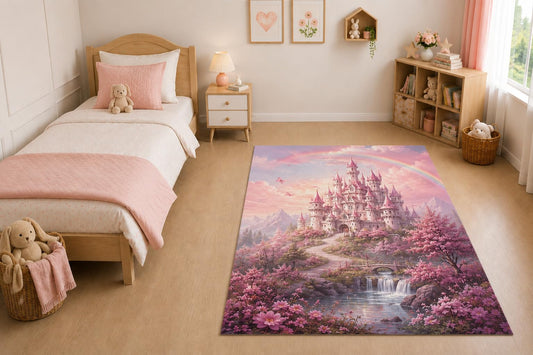 ICE ARMOR "Ultra Light Weight 5' x 7' Rainbow Fairy Castle Area Rug for Living Room, Bedroom and Home Office, Soft Low Pile Carpet with Non-Slip Silicone Backing, Pink and Purple
