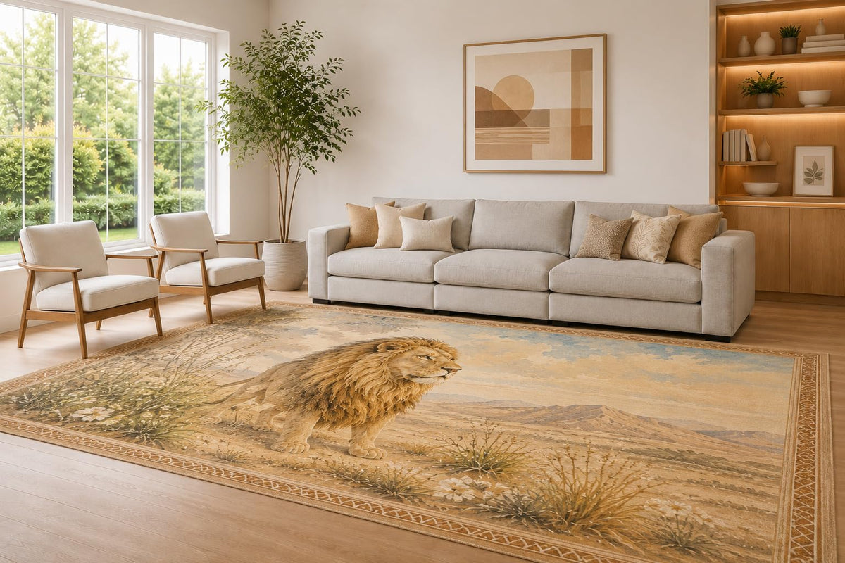 ICE ARMOR Large 6'7" x 9'10" Beige and Brown Cliff Lion Area Rug for Living Room, Soft Low Pile Carpet with Non-Slip Silicone Backing, Decor for Bedroom Dining Room and Home Office