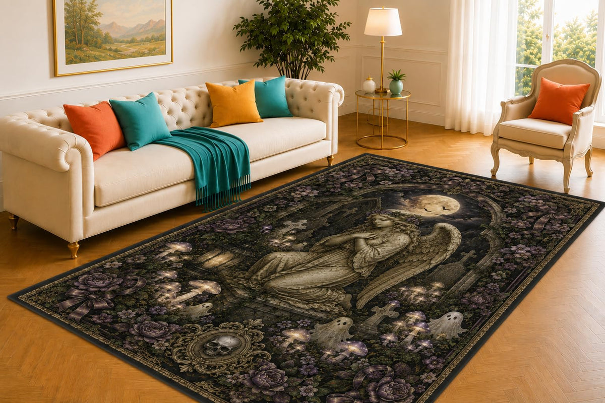 ICE ARMOR 5' x 7' Moonlit Angel Rug, Ghost Mushroom and Cemetery Artwork, Smooth Printed Floor Cover for Bedroom, Lounge, Library and Gothic Home Decor
