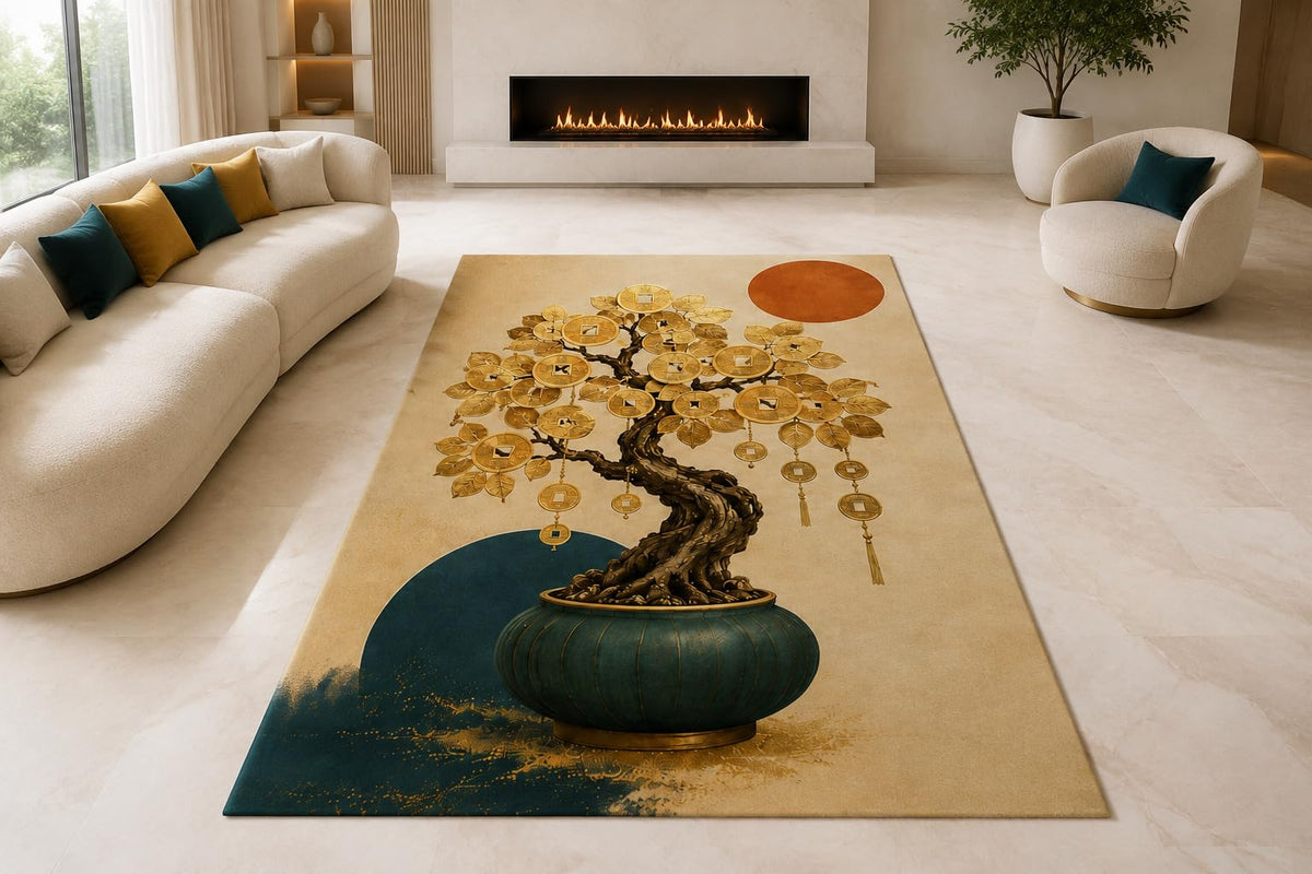 ICE ARMOR "Ultra Lightweight Large 6'7" x 9'10" Money Tree Area Rug for Living Room, Bedroom and Home Office, Soft Low Pile Carpet with Non-Slip Silicone Backing, Teal and Golden Color