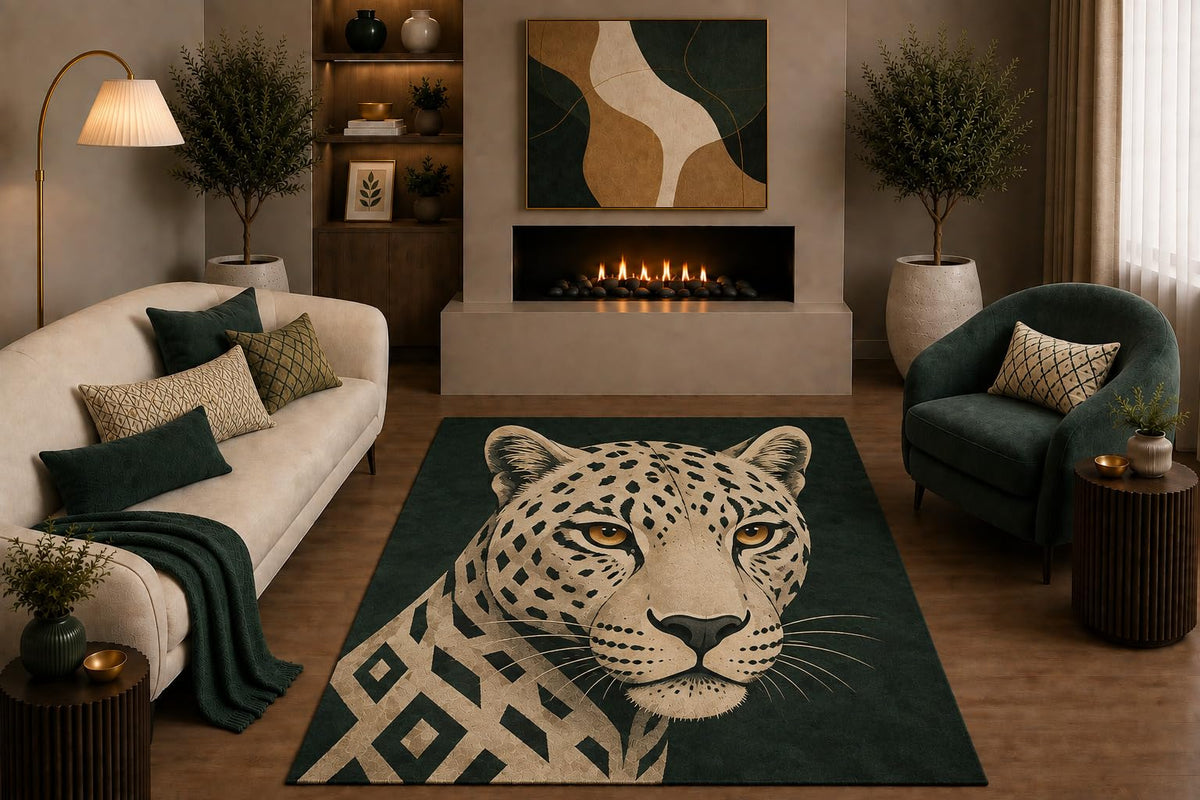 ICE ARMOR "Ultra Light Weight 5' x 7' Cream Leopard Area Rug Emerald Green Geometric Boho Big Cat Decor for Living Room Bedroom Office Non-Slip Silicone Backing Low Pile