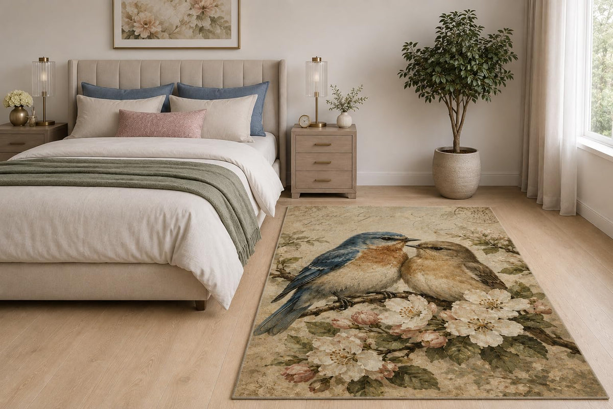 ICE ARMOR "Ultra Light Weight 5' x 7' Vintage Bluebirds Area Rug for Living Room, Bedroom and Home Office, Soft Low Pile Carpet with Non-Slip Silicone Backing, Beige and Blue