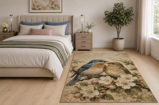 ICE ARMOR "Ultra Light Weight 5' x 7' Vintage Bluebirds Area Rug for Living Room, Bedroom and Home Office, Soft Low Pile Carpet with Non-Slip Silicone Backing, Beige and Blue