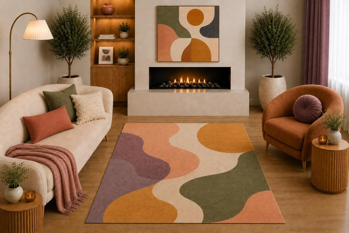 ICE ARMOR "Ultra Light Weight 5' x 7' Modern Abstract Area Rug Peach Mustard Olive Lavender Beige Organic Wavy Shape Design for Living Room Bedroom Nursery Non-Slip Silicone Backing Low Pile