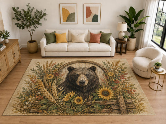 ICE ARMOR "Ultra Light Weight Large 6'7" x 9'10" Bear Sunflower Area Rug, Soft Low Pile Indoor Rug, Non-Slip Silicone Backing, Living Room, Beige
