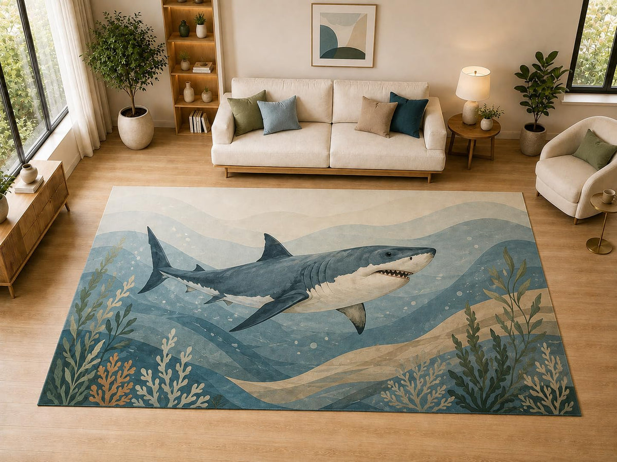 ICE ARMOR "Ultra Light Weight Large 6'7" x 9'10" Shark Ocean Coral Decor, Living Room, Bedroom, Dining Room, Office, Family Room, Soft Low Pile Indoor Rug, Non-Slip Silicone Backing, Blue