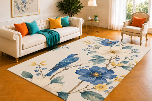 ICE ARMOR 5' x 7' Blue Floral Bird Area Rug for Living Room, Soft Low Pile Indoor Rug with Non-Slip Silicone Backing, Decorative Carpet for Bedroom, Office, Dining Room & Cottage Decor, Blue