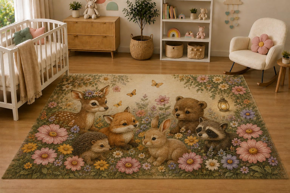 ICE ARMOR 5' x 7' Woodland Forest Friends Floral Area Rug, Soft Low Pile Indoor Rug with Non-Slip Silicone Backing, Nursery, Kids Room, Playroom, Kids & Pets, Beige Green