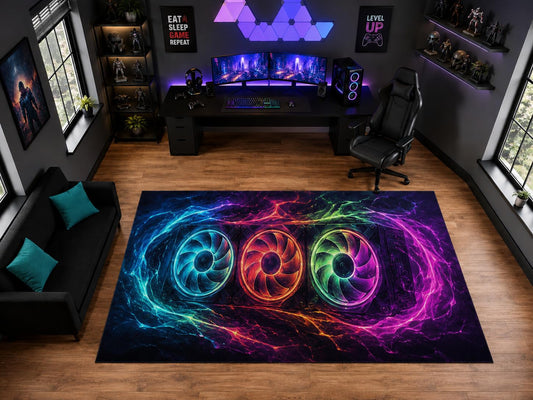 ICE ARMOR "Ultra Light Weight Large 6'7" x 9'10" RGB Cooling Fans Energy Area Rug for Playroom Decor, Soft Low Pile Indoor Rug with Non-Slip Silicone Backing, Black Multicolor