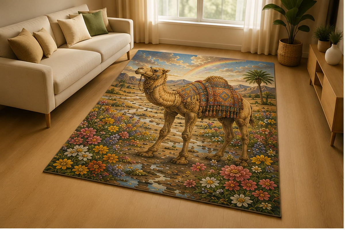 ICE ARMOR 5' x 7' Desert Camel Rainbow Oasis Area Rug for Living Room, Soft Low Pile Indoor Rug with Non-Slip Silicone Backing, Southwest Wildlife Decor for Bedroom, Office, Family Room