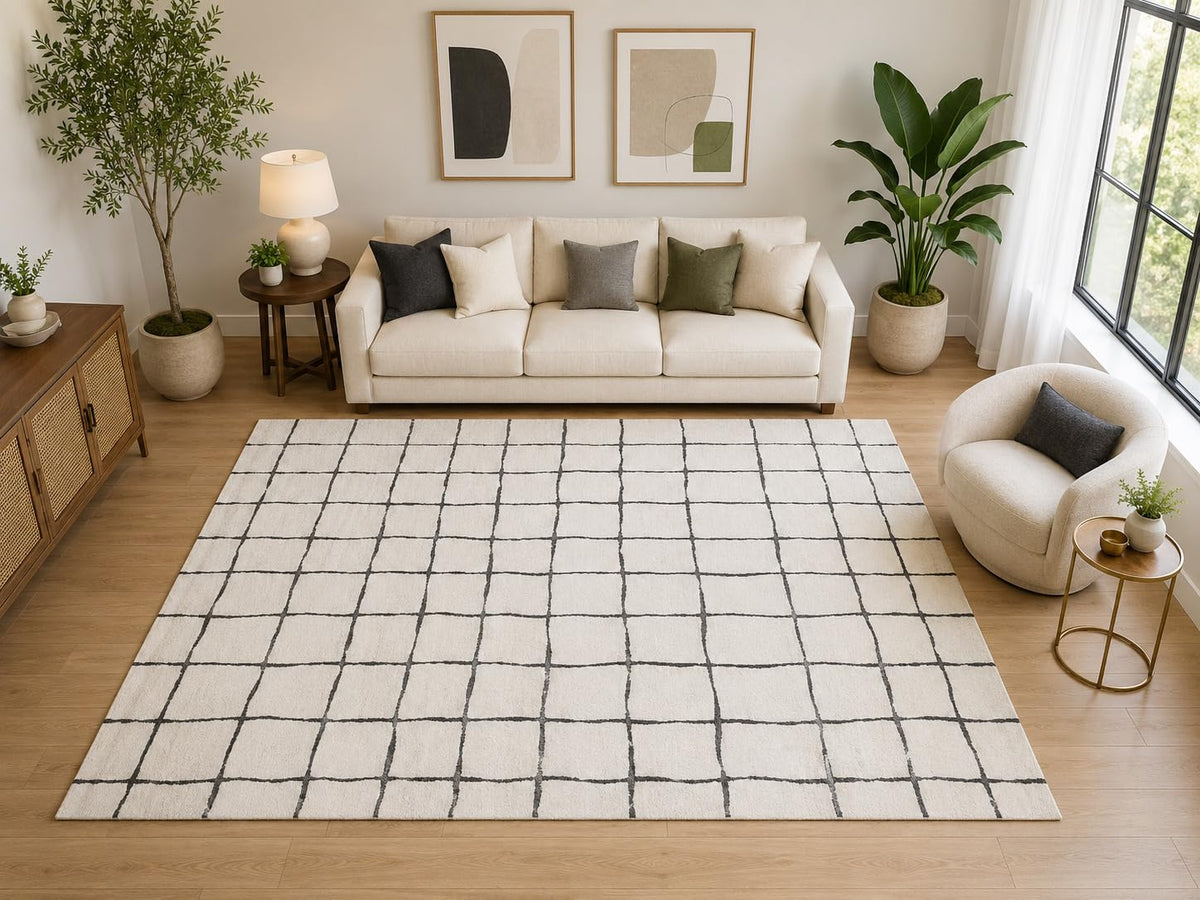 ICE ARMOR Large 6'7" x 9'10" Minimal Hand Drawn Grid Area Rug for for Bedroom, Living Room, Soft Low Pile Indoor Rug with Non-Slip Silicone Backing, Ivory Charcoal