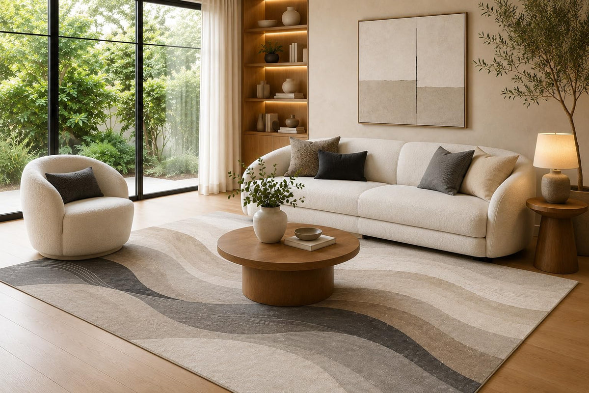 ICE ARMOR 6'7" x 9'10" Taupe, Gray and Cream Neutral Rolling Waves Area Rug for Living Room, Soft Low Pile Carpet with Non-Slip Backing, Floor Decor for Bedroom, Dining Room and Home Office