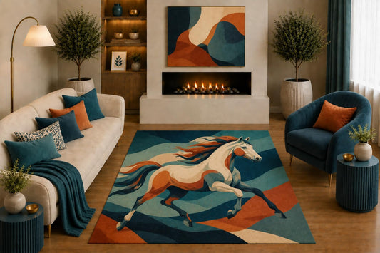 ICE ARMOR "Ultra Light Weight 5' x 7' Abstract Running Horse Area Rug Modern Equestrian Animal Art for Living Room Bedroom Office Decor Non-Slip Silicone Backing Low Pile