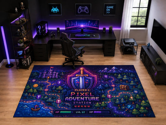 ICE ARMOR "Ultra Light Weight Large 6'7" x 9'10" Pixel Adventure Game Map Area Rug for Kids Room Playroom, Soft Low Pile Indoor Rug and Non-Slip Silicone Backing, Navy