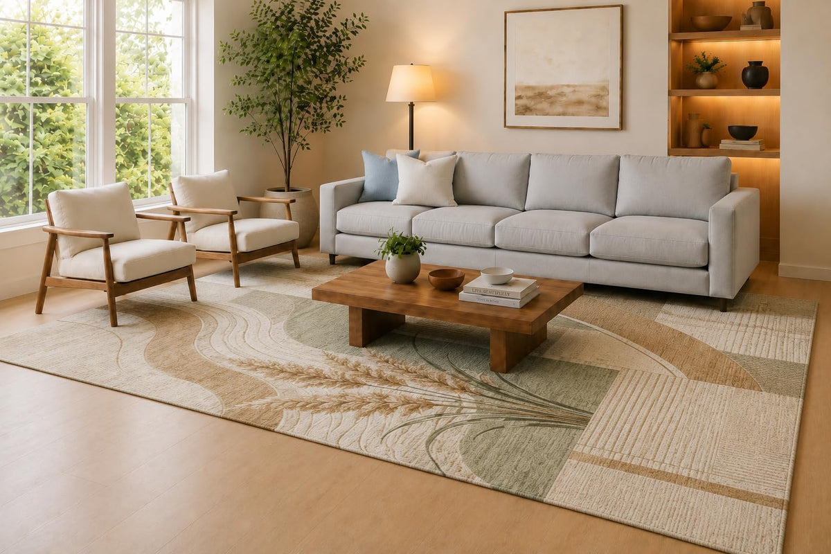 ICE ARMOR Large 6'7" x 9'10" Olive Green, Beige and Cream Wheat Lines Area Rug for Living Room, Soft Low Pile Carpet with Non-Slip Silicone Backing, Decor for Bedroom, Dining Area and Home Office