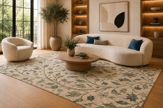 ICE ARMOR 6'7" x 9'10" Green and Cream Botanical Vine Area Rug for Living Room, Soft Low Pile Carpet with Non-Slip Silicone Backing, Floor Decor for Bedroom, Dining Area and Home Office