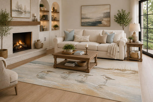 ICE ARMOR 6'7" x 9'10" Sand, Pale Blue and Ivory Coastal Sandpiper Area Rug for Living Room, Soft Low Pile Carpet with Non-Slip Backing for Bedroom, Dining Room and Home Office