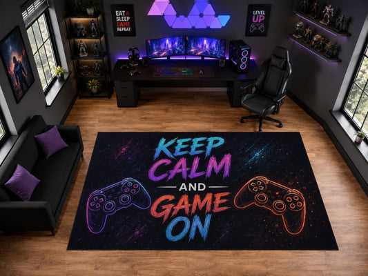 ICE ARMOR "Ultra Light Weight Large 6'7" x 9'10" Keep Calm and Game On Controller Area Rug for Playroom Decor, Soft Low Pile Indoor Rug with Non-Slip Silicone Backing, Black Multicolor