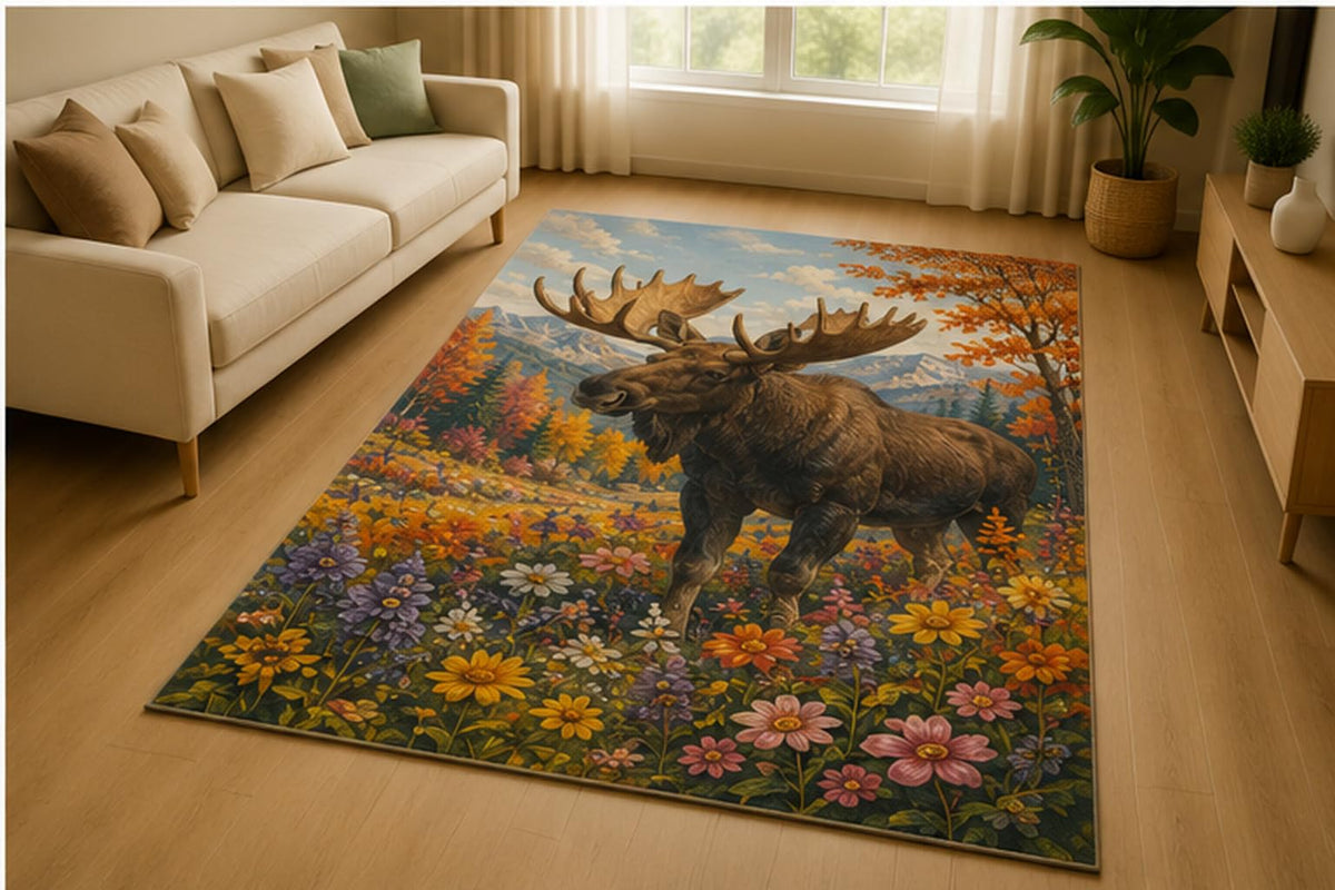 ICE ARMOR 5' x 7' Majestic Moose Autumn Wildflower Area Rug for Living Room, Soft Low Pile Indoor Rug with Non-Slip Silicone Backing, Woodland Animal Decor for Bedroom, Office, Family Room, Brown