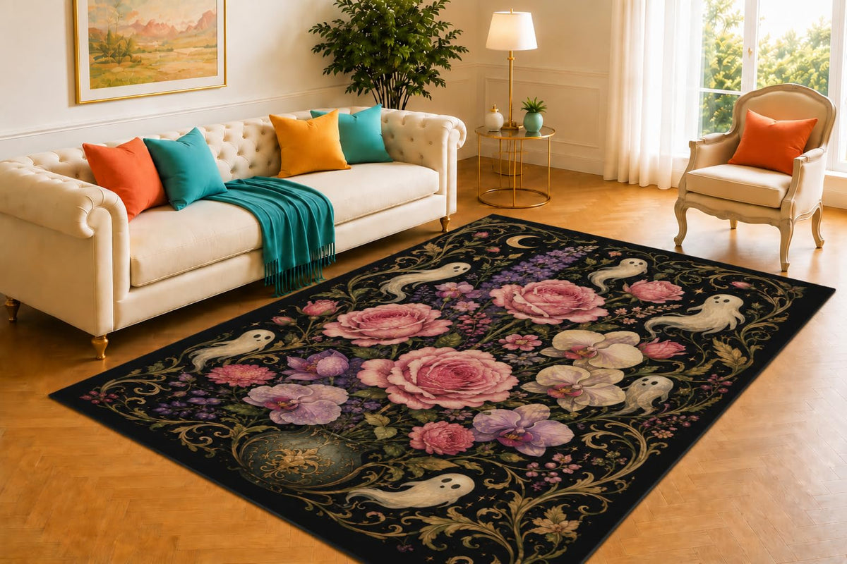 ICE ARMOR 5' x 7' Rose Spirit Bouquet Rug, Black Botanical Design with Floating Ghosts and Ornate Vines, Romantic Gothic Decor for Bedroom, Lounge or Studio