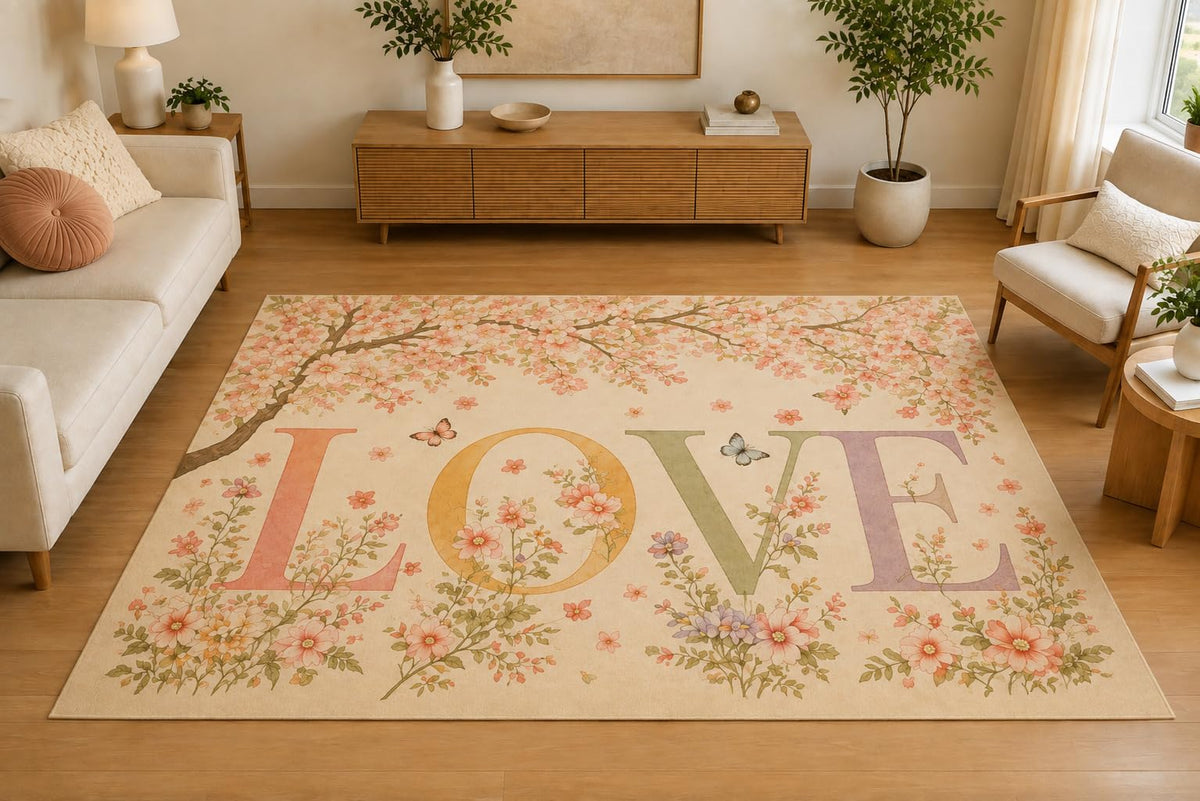 ICE ARMOR 5' x 7' Cherry Blossom Love Area Rug, Soft Low Pile Indoor Rug with Non-Slip Silicone Backing, Decorative Carpet for Living Room, Bedroom, Family Room, Beige Pink
