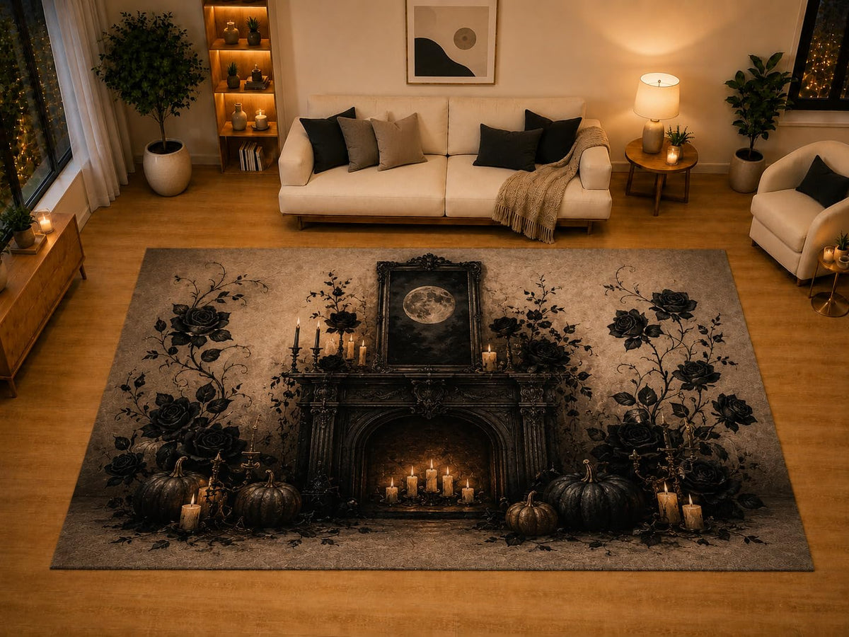 ICE ARMOR "Ultra Light Weight Large 6'7" x 9'10" Gothic Fireplace Black Rose Candle Area Rug for Living Room Bedroom, Soft Low Pile Non-Slip Backing, Beige Black Victorian Halloween Decor