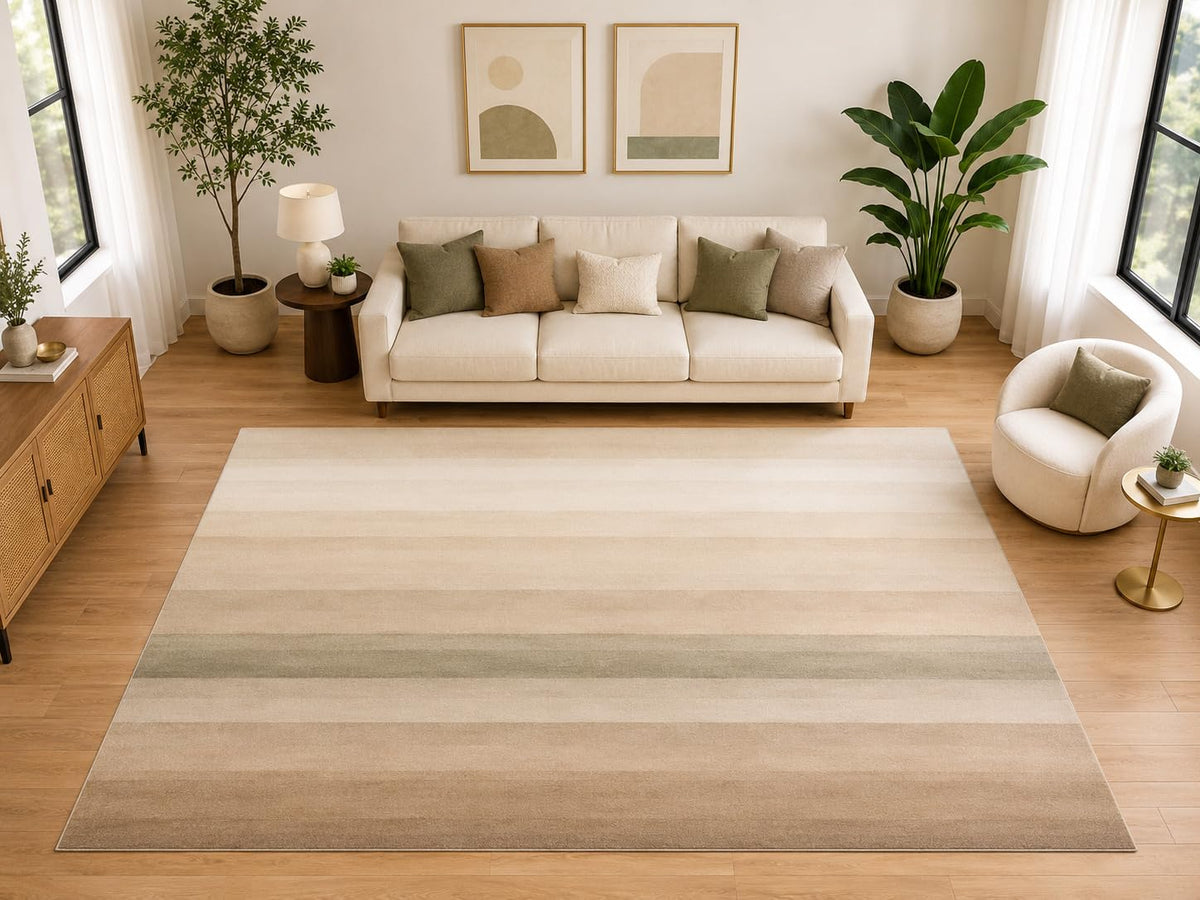 ICE ARMOR "Ultra Light Weight Large 6'7" x 9'10" Beige Sage Stripe Area Rug for Living Room, Soft Low Pile Indoor Rug and Non-Slip Silicone Backing, Beige