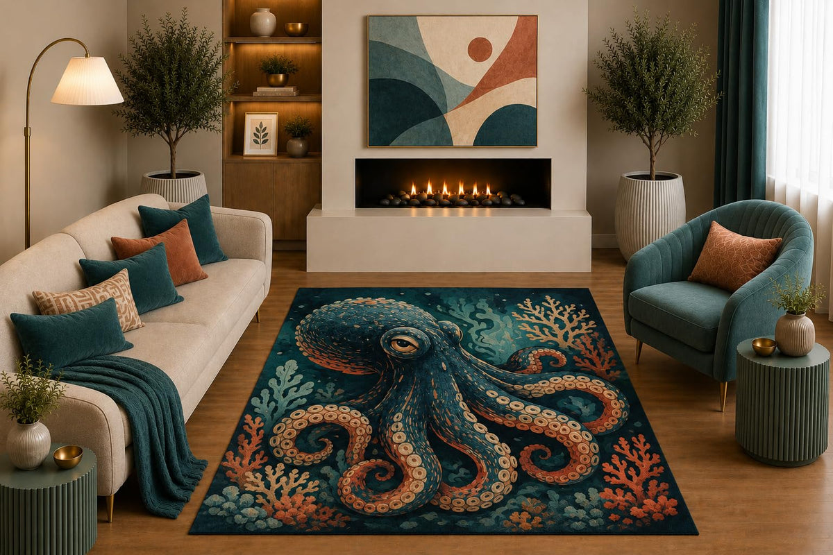 ICE ARMOR "Ultra Light Weight 5' x 7' Teal Coral Octopus Area Rug Coastal Underwater Sea Life Art for Living Room Bedroom Office Decor Non-Slip Silicone Backing Low Pile
