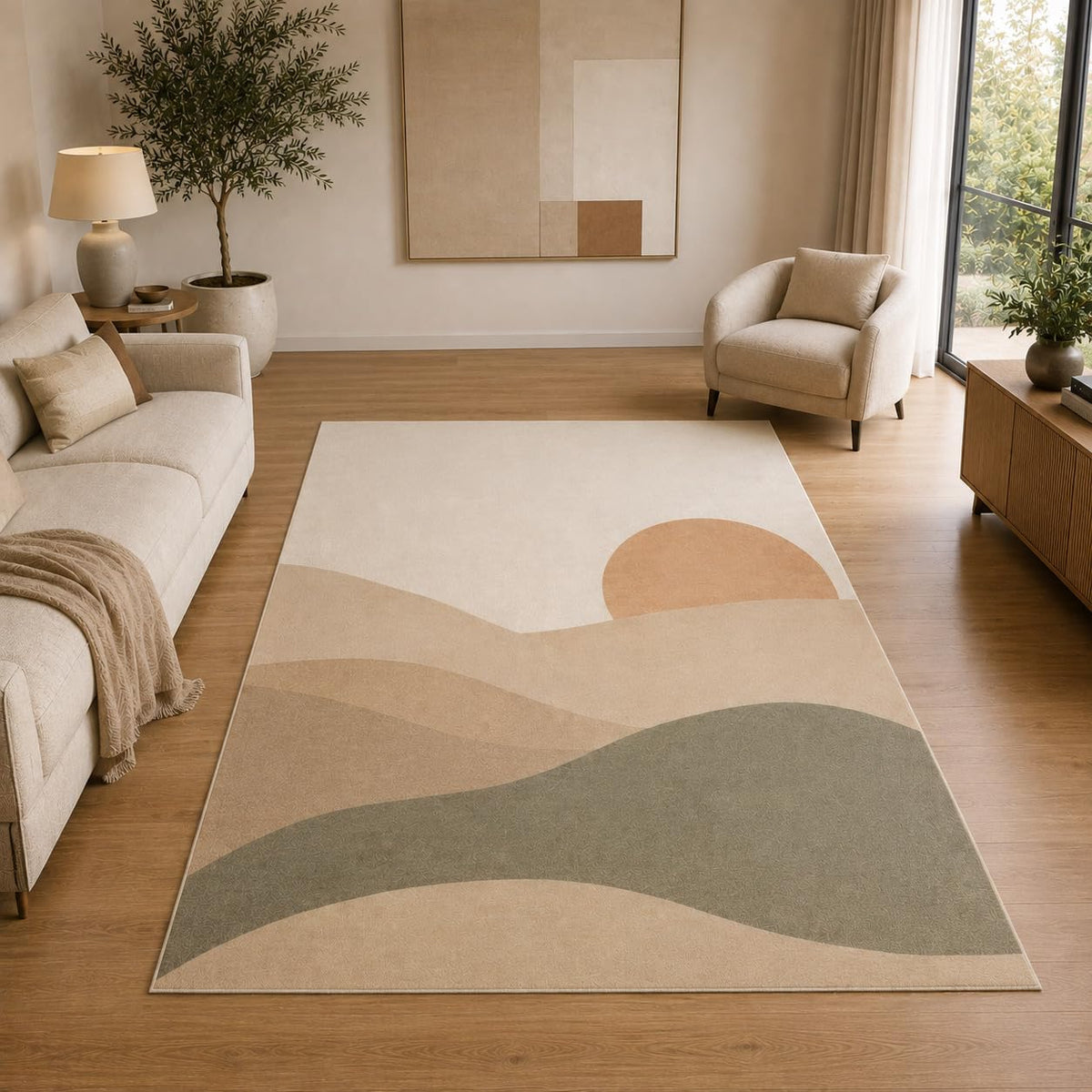ICE ARMOR 5' x 7' Modern Desert Landscape Area Rug for Living Room, Soft Low Pile Indoor Rug with Non-Slip Silicone Backing, Decorative Carpet for Bedroom, Office, Beige