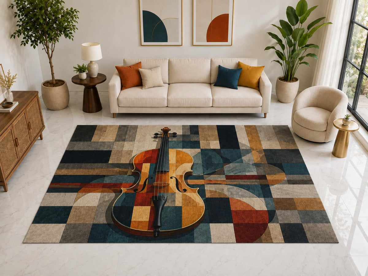 ICE ARMOR "Ultra Light Weight Large 6'7" x 9'10" Violin Block Rug, Soft Low Pile Indoor Rug, Non-Slip Silicone Backing for Living Room Blue