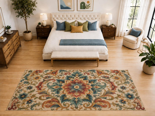 ICE ARMOR "Ultra Light Weight Large 6'7" x 9'10" Vintage Floral Medallion Rug, Soft Low Pile Indoor Rug, Non-Slip Silicone Backing for Bedroom Beige