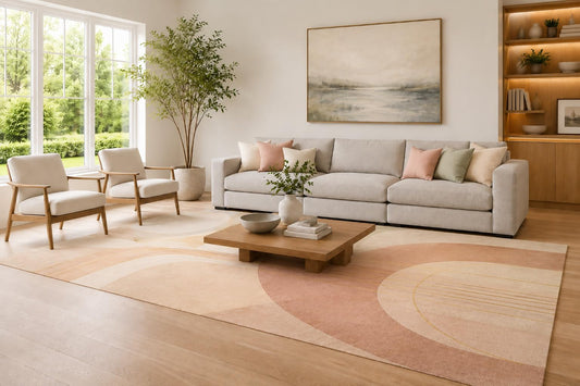 ICE ARMOR Large 6'7" x 9'10" Peach and Ivory Minimalist Arch Design Area Rug for Living Room, Soft Low Pile Carpet with Non-Slip Silicone Backing, Decor for Bedroom and Home Office