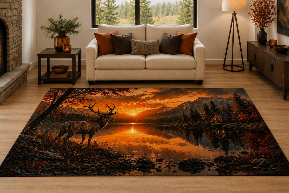 ICE ARMOR "Ultra Light Weight 5' x 7' Elk at Sunset Lake Area Rug for Living Room, Bedroom and Home Office, Soft Low Pile Carpet with Non-Slip Silicone Backing, Orange and Black