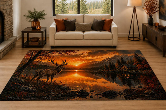 ICE ARMOR "Ultra Light Weight 5' x 7' Elk at Sunset Lake Area Rug for Living Room, Bedroom and Home Office, Soft Low Pile Carpet with Non-Slip Silicone Backing, Orange and Black