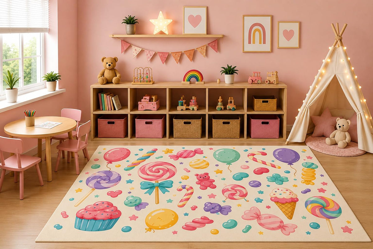 ICE ARMOR 5' x 7' Pastel Candy Sweet Treats Area Rug for Kids Playroom Girls Bedroom Nursery, Lollipop Cupcake Ice Cream Cartoon Carpet, Non-Slip Silicone Backing Low Pile