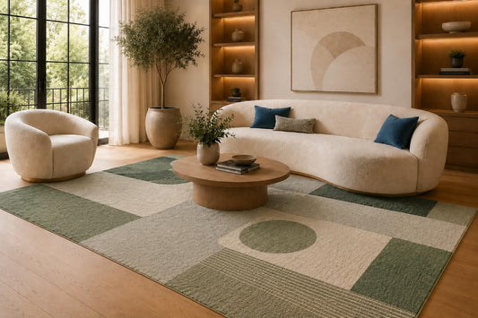 ICE ARMOR 6'7" x 9'10" Green and Cream Geometric Patchwork Area Rug for Living Room, Soft Low Pile Carpet with Non-Slip Silicone Backing, Floor Decor for Bedroom, Dining Area and Home Office