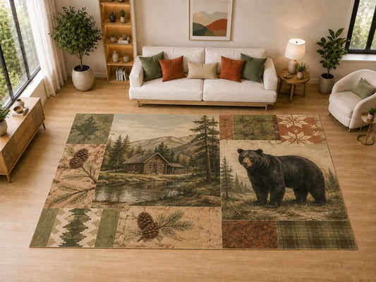ICE ARMOR "Ultra Light Weight Large 6'7" x 9'10" Bear Cabin Forest Decor, Living Room, Bedroom, Dining Room, Office, Family Room, Soft Low Pile Indoor Rug, Non-Slip Silicone Backing, Brown
