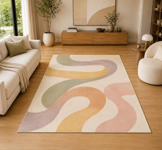 ICE ARMOR 5' x 7' Modern Abstract Wavy Line Area Rug for Living Room, Soft Low Pile Indoor Rug with Non-Slip Silicone Backing, Decorative Carpet for Bedroom, Office, Family Room, Multicolor