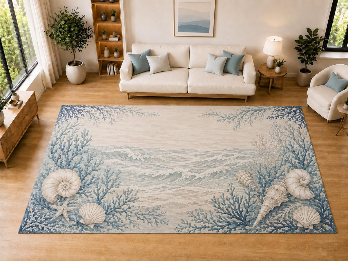 ICE ARMOR "Ultra Light Weight Large 6'7" x 9'10" Coastal Shell Ocean Border, Living Room, Bedroom, Dining Room, Office, Family Room, Soft Low Pile Indoor Rug, Non-Slip Silicone Backing, Blue