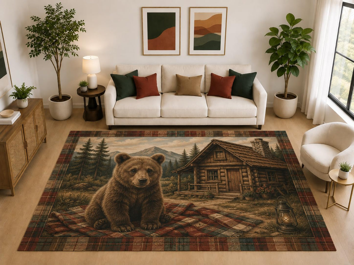 ICE ARMOR "Ultra Light Weight Large 6'7" x 9'10" Bear Cub Cabin Plaid Rug, Soft Low Pile Indoor Rug and Non-Slip Silicone Backing, Kids Room, Brown