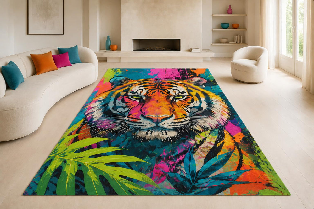 ICE ARMOR "Ultra Lightweight Large 6'7" x 9'10" Pop Art Tiger Area Rug for Living Room, Bedroom and Home Office, Soft Low Pile Carpet with Non-Slip Silicone Backing, Orange and Teal